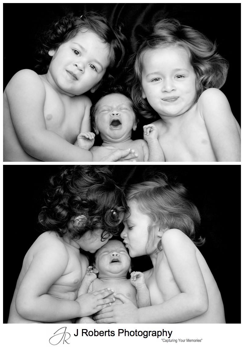three sisters with newborn baby portrait sydney